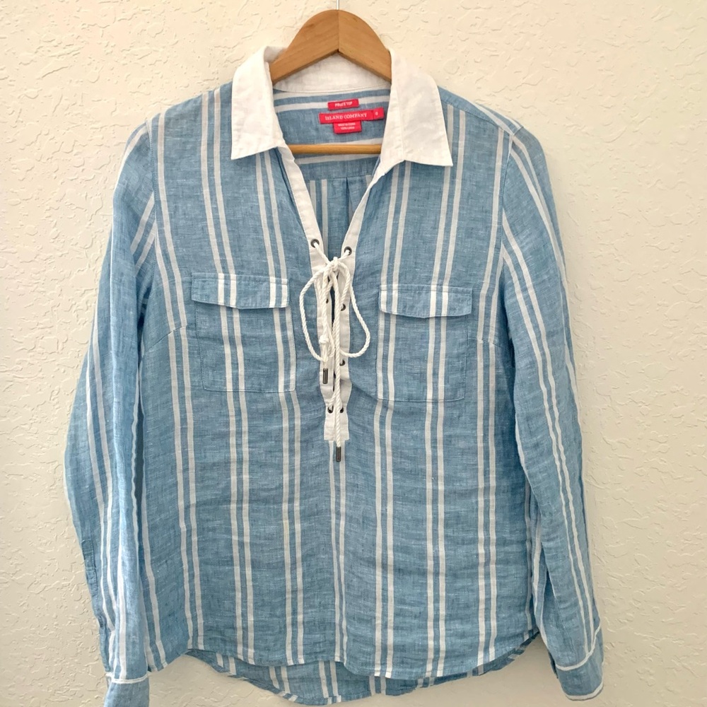 Island Company Palm Beach Linen Blue White Striped Lace up Front Top